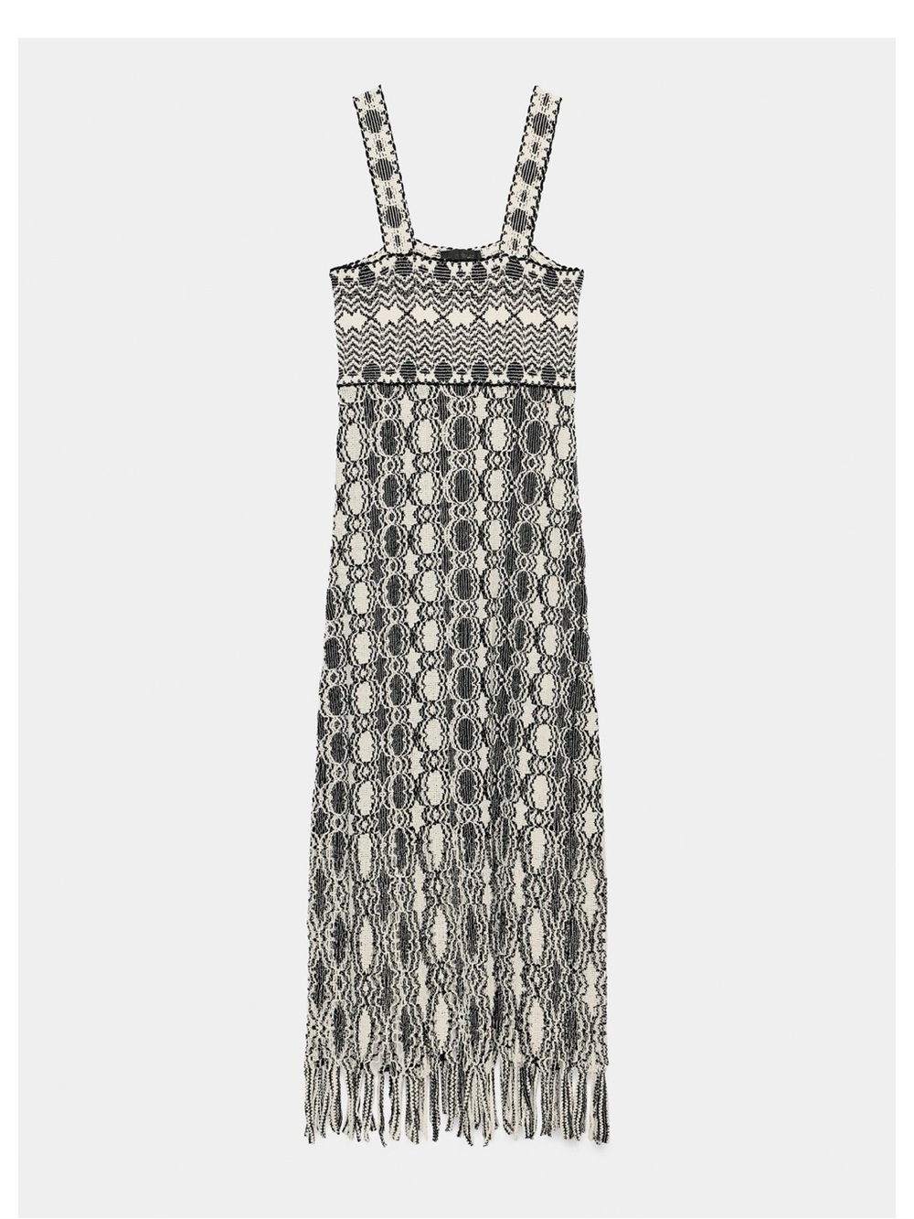 Zara Black and Cream Crochet Fringe Maxi Dress